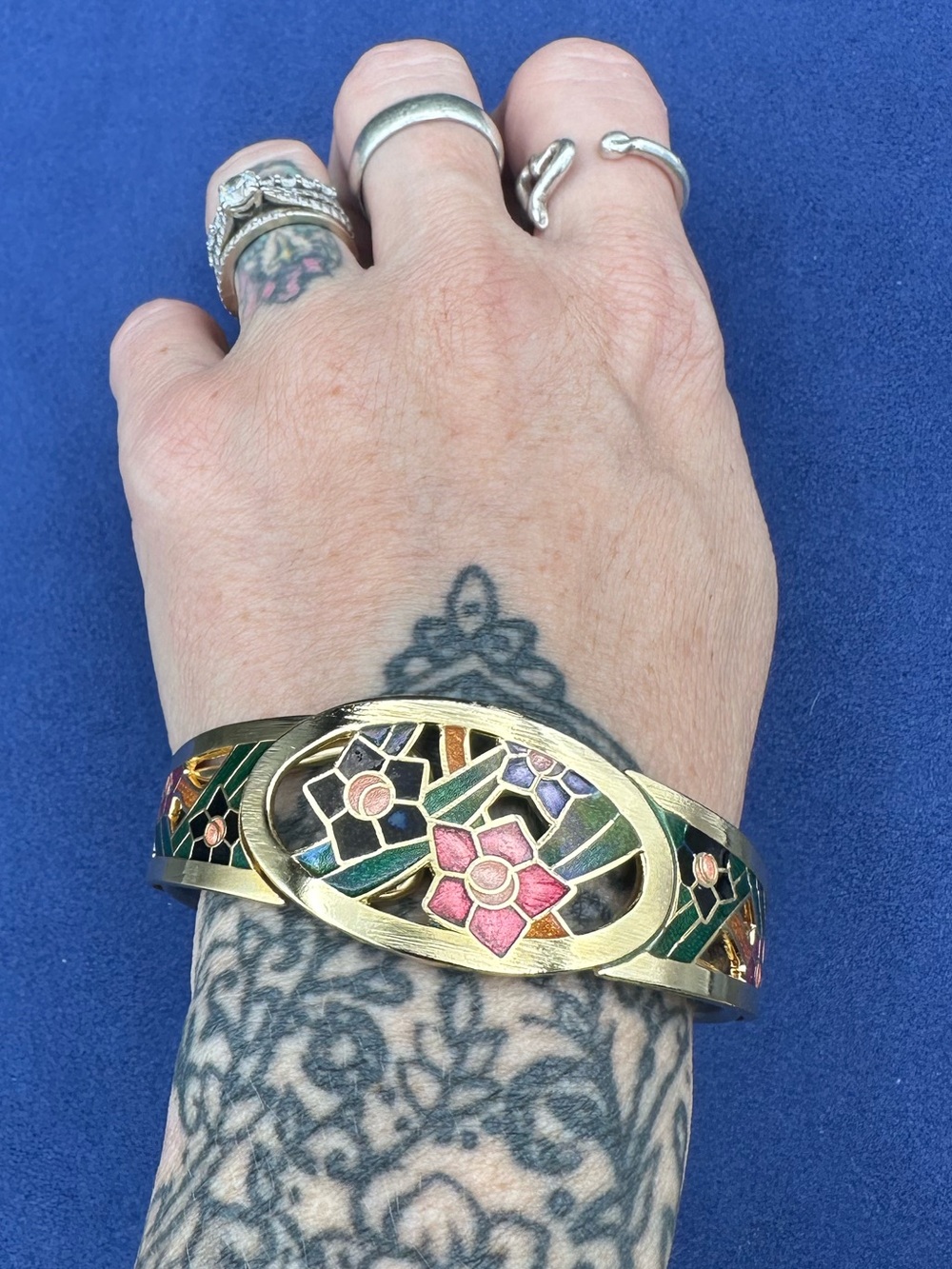Floral Enamel Gold-Tone Cuff Bracelet - Pink & Green